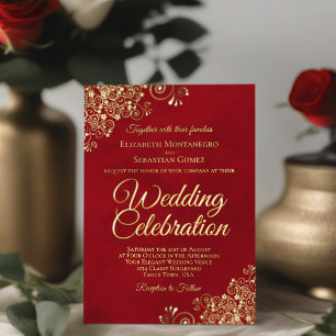Invitation En Aluminium Mariage élégant orné de fleurs dorées sur fond rou