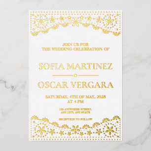 Invitation En Aluminium Mariage élégant papel picado blanc et or