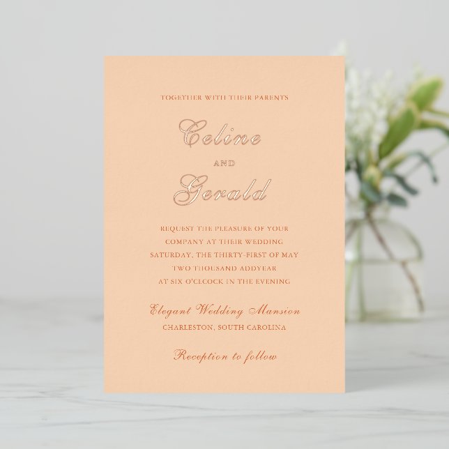 Invitation En Aluminium Mariage élégant Peach Classic (Debout devant)