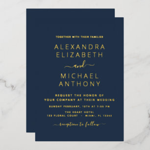 Invitation En Aluminium Mariage Élégant Romantique Marine Bleu Or