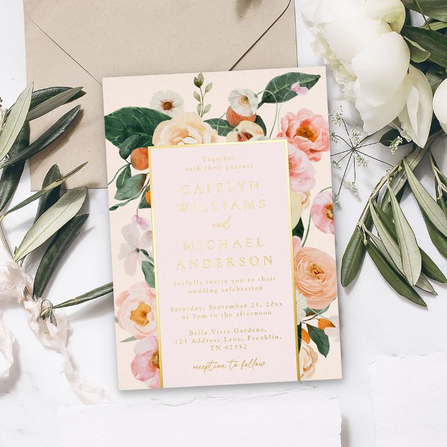Invitation En Aluminium Mariage Élégant Rose Pâle Floral Or (Créateur téléchargé)
