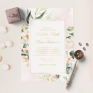 Invitation En Aluminium Mariage Élégant Rose Pâle & Verdure Or