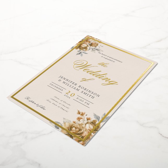 Invitation En Aluminium Mariage élégant script floral rustique naturel or  (Rotation)