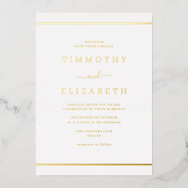 Invitation En Aluminium Mariage élégant simple en or (Recto)