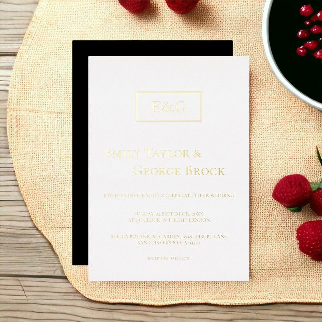 Invitation En Aluminium Mariage Élégant Simple Monogramme Noir Blanc Or (Créateur téléchargé)