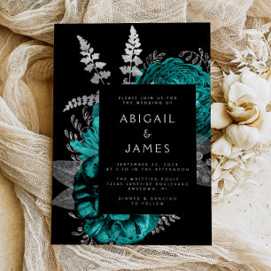 Invitation En Aluminium Mariage Élégant Sombre Floral Turquoise Argent