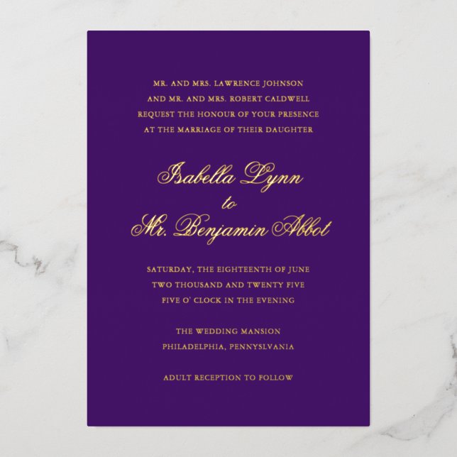 Invitation En Aluminium Mariage élégant traditionnel violet (Recto)