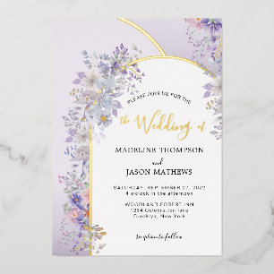 Invitation En Aluminium Mariage Élégant Violet Gris Fumé Floral Or Arqué