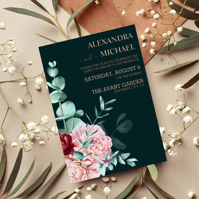 Invitation En Aluminium Mariage Emerald Green Watercolor Bourgogne Fleurs (Créateur téléchargé)