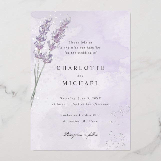 Invitation En Aluminium Mariage en feuille d'argent violet lavande (Recto)