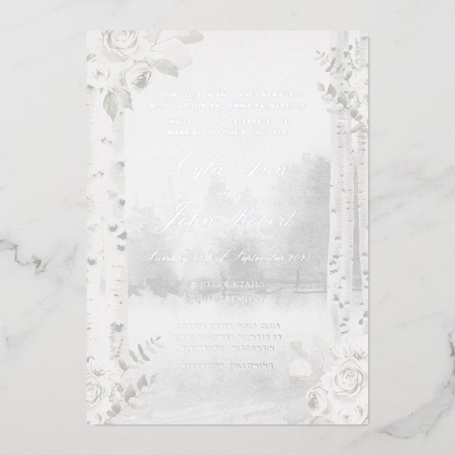 Invitation En Aluminium Mariage en forêt de bouleaux (Recto)