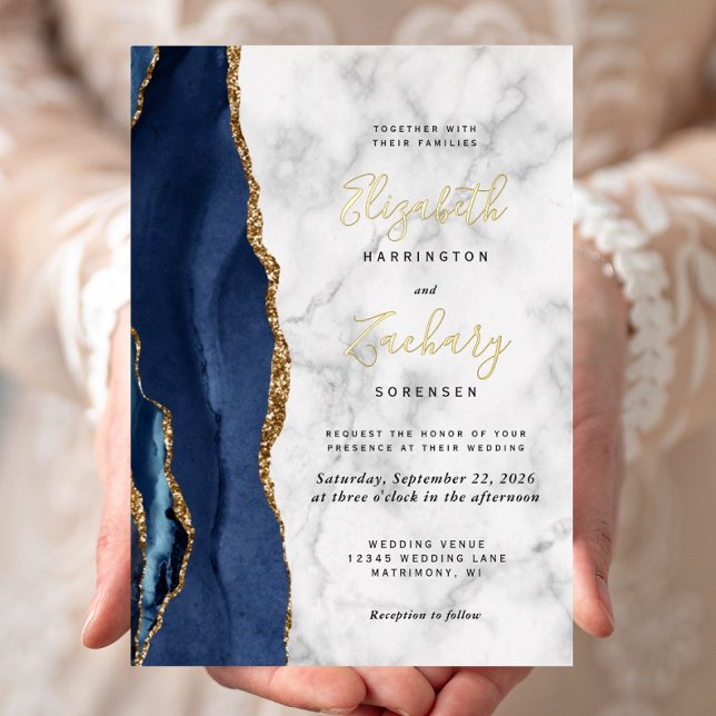 Invitation En Aluminium Mariage en marbre d'Agate bleu marine moderne (Créateur téléchargé)