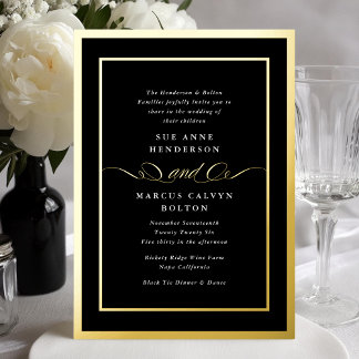 Invitation En Aluminium Mariage encadré d'or de calligraphie noire classiq
