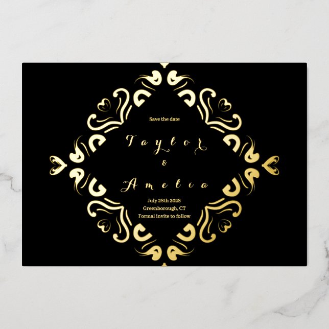 Invitation En Aluminium Mariage Enregistrer la date Black Real Gold (Recto)