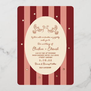 Invitation En Aluminium Mariage étoile dorée rayée rose rouge 