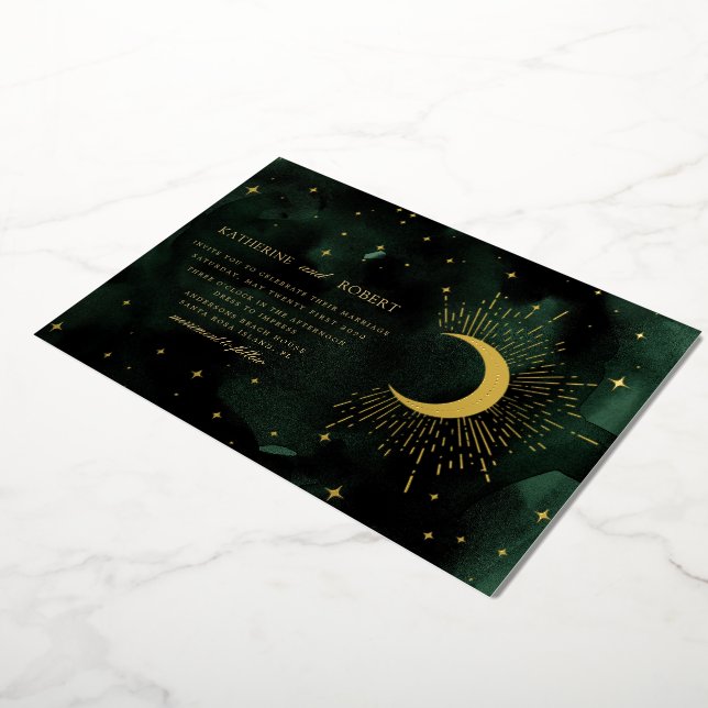 Invitation En Aluminium Mariage Étoiles Dorées Vert Céleste Minuit (Rotation)