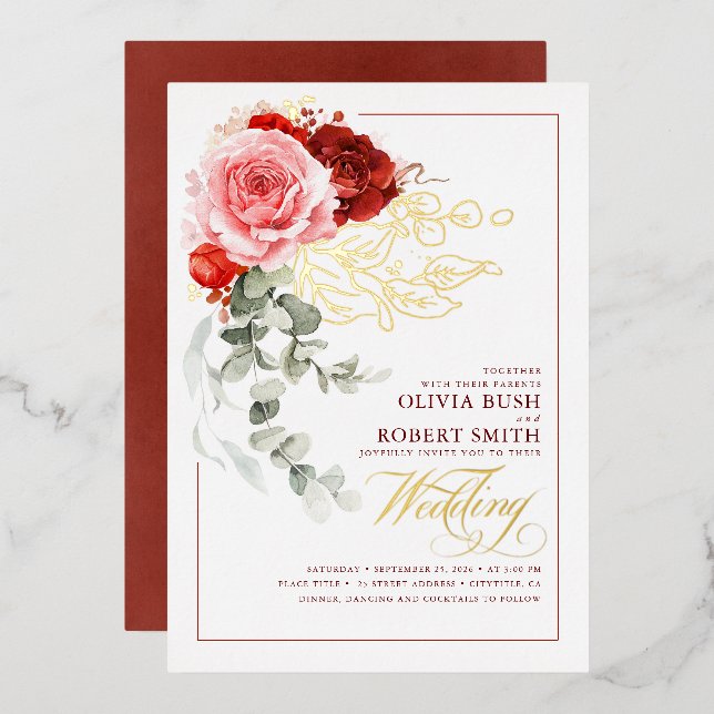 Invitation En Aluminium Mariage Eucalyptus Boho de Bourgogne Rouge rose (Recto/Verso)