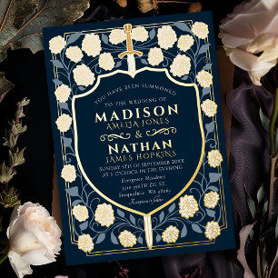 Invitation En Aluminium Mariage Fantasy Médiéval Monogramme Épée & Bouclie