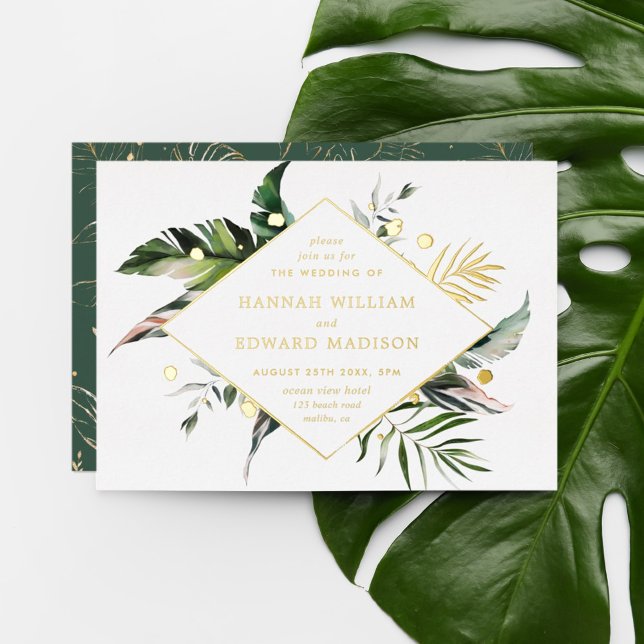 Invitation En Aluminium Mariage Feuillage Aquarelle Tropicale Or (Créateur téléchargé)