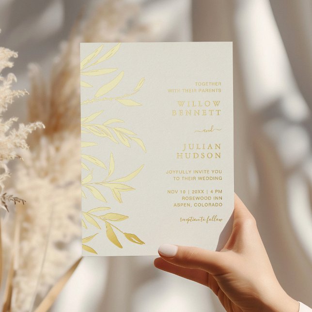 Invitation En Aluminium Mariage Feuille de la gamme d'or moderne (Modern Gold Foil Leaves Wedding Foil Invitation by Painted Paperie
)
