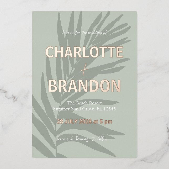 Invitation En Aluminium Mariage Feuille de Palmier Tropical Sage (Recto)