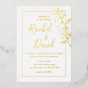 Invitation En Aluminium Mariage feuille florale dorée