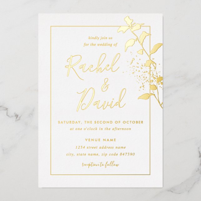 Invitation En Aluminium Mariage feuille florale dorée (Recto)