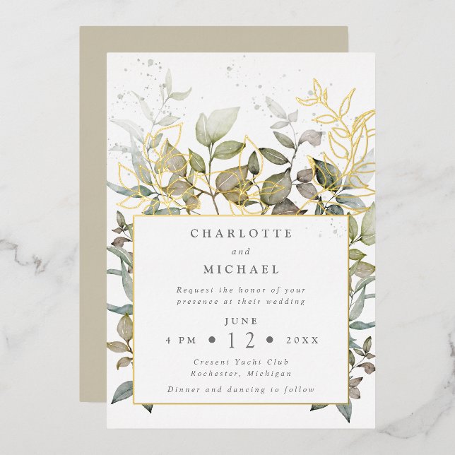 Invitation En Aluminium Mariage feuille or et vert aquarelle (Recto/Verso)