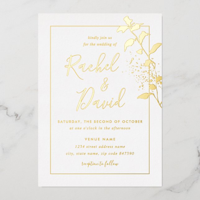 Invitation En Aluminium Mariage feuille or floral (Recto)