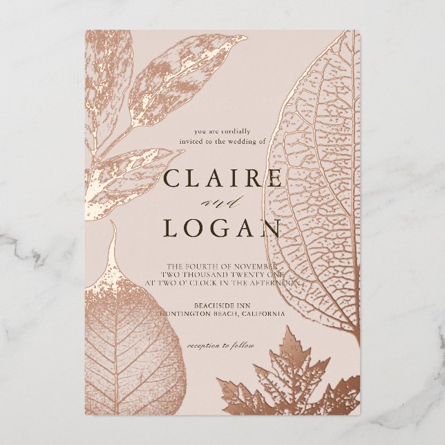 Invitation En Aluminium Mariage Feuille rose beige doré (Recto)