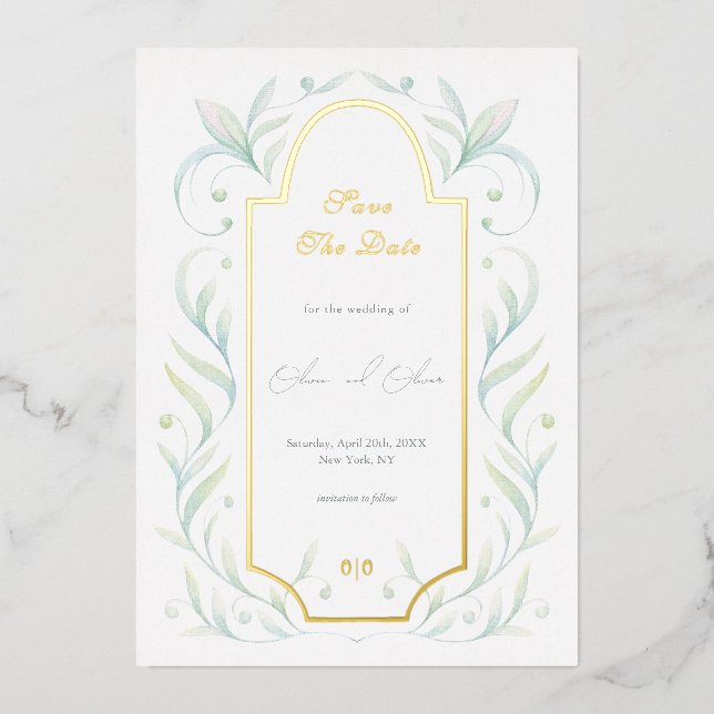 Invitation En Aluminium Mariage Feuille Vert Enregistrer La Date (Recto)