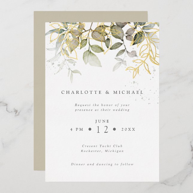 Invitation En Aluminium Mariage feuilles aquarelle or et feuillage (Recto/Verso)