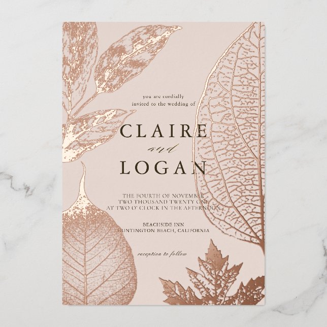Invitation En Aluminium Mariage Feuilles Délicates Or Rose Beige (Recto)