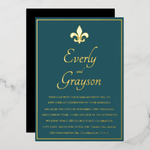 Invitation En Aluminium Mariage Fleur De Lis Bleu Sarcelle Or Élégant