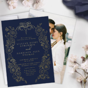 Invitation En Aluminium Mariage Fleur de lis printemps bleu foncé or