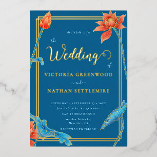 Invitation En Aluminium Mariage Fleur de Lotus Moderne Orange et Bleu
