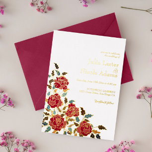 Invitation En Aluminium Mariage Fleur de Rose Rouge Dorée Élégante Poussié