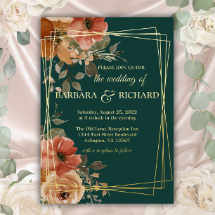 Invitation En Aluminium Mariage Fleur Romantique avec Feuille d'Or Vert