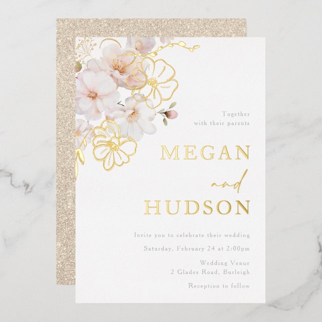 Invitation En Aluminium Mariage Fleur sauvage Gold & Blush Golden (Recto/Verso)