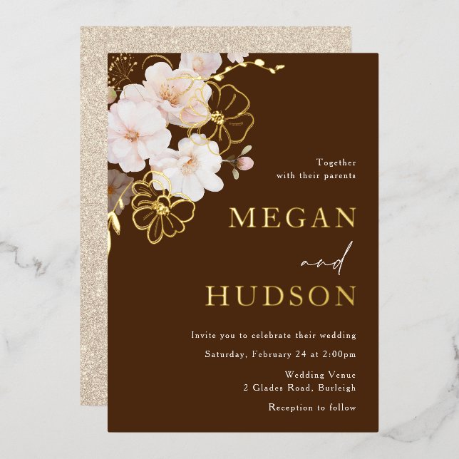 Invitation En Aluminium Mariage Fleur sauvage Gold & Blush Golden (Recto/Verso)
