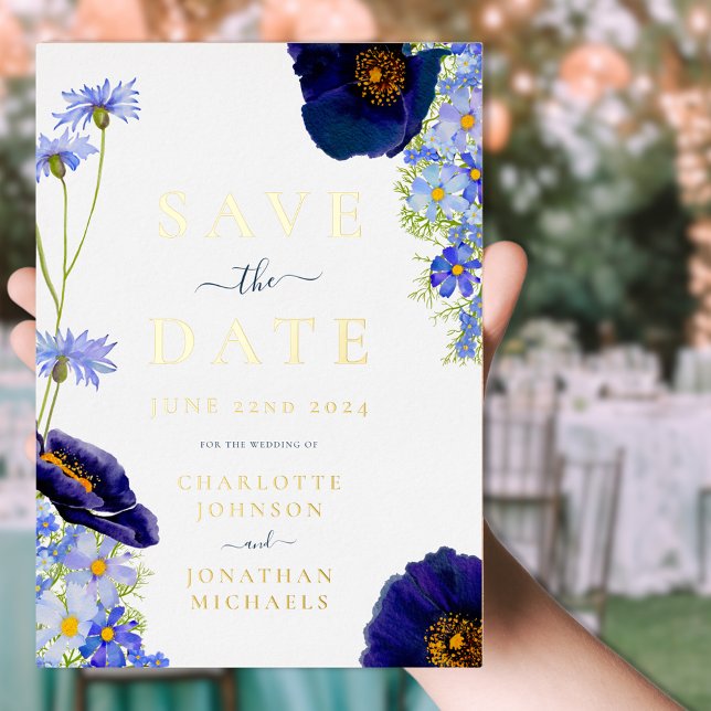 Invitation En Aluminium Mariage Fleur sauvage moderne Bleu et Or (Modern Blue and gold foil floral wedding save the date invitation with watercolor wildflowers )