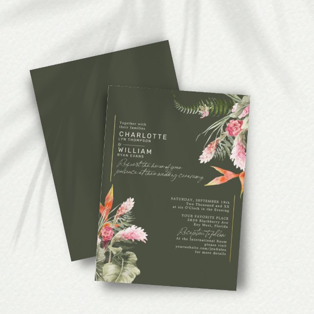 Invitation En Aluminium Mariage Fleur Tropicale de Plage Vert Foncé Or (Créateur téléchargé)