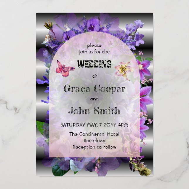 Invitation En Aluminium Mariage fleuri violet gracieux (Recto)