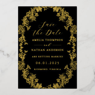 Invitation En Aluminium Mariage Fleuris Noir Or Vintage Enregistrer La Dat