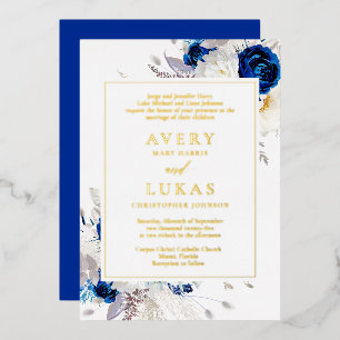 Invitation En Aluminium Mariage Fleurs Bleu Royal Moderne Or Réel