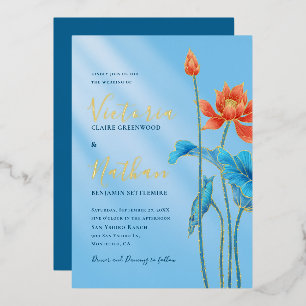 Invitation En Aluminium Mariage Fleurs de Lotus Orange Élégant Bleu