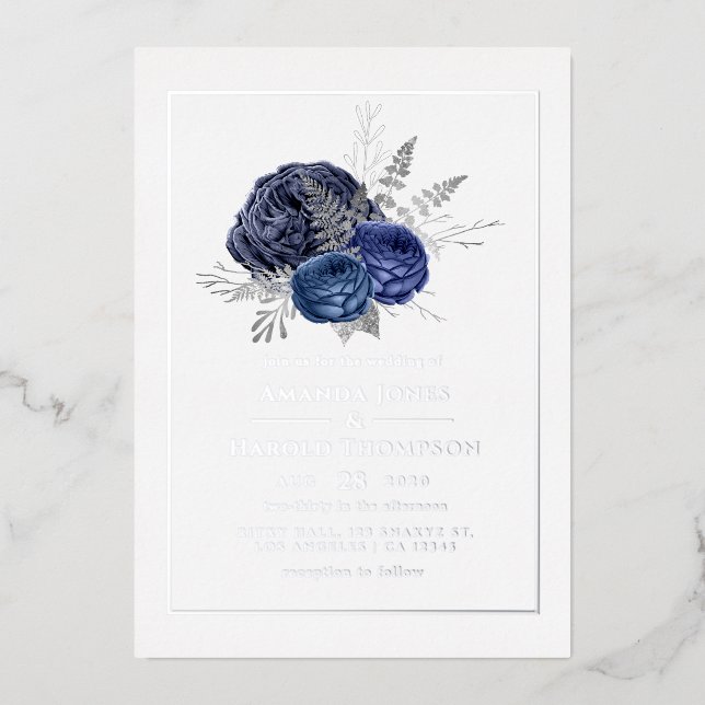 Invitation En Aluminium Mariage Fleurs Navales et Argent (Recto)