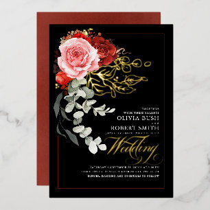Invitation En Aluminium Mariage Fleurs Roses Rouges Bourguignon Eucalyptus