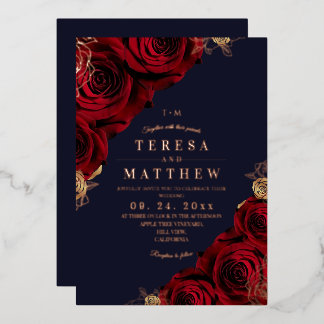 Invitation En Aluminium Mariage Fleurs Rouge Bourgogne et Navy avec Feuill