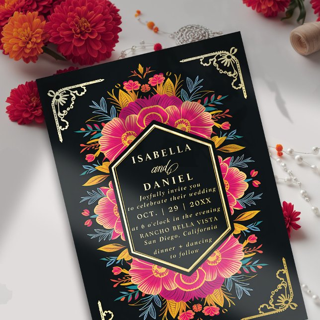 Invitation En Aluminium Mariage Fleurs Rustiques Dorées Rancho Mexicain Gr (rancho mexican wedding invitation fiesta hacienda watercolor floral frame elegant modern chic gold )